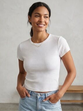 Anthropologie Maeve White Ribbed Crewneck Tee